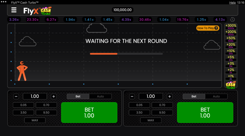 FlyX Cash Turbo Main Screen